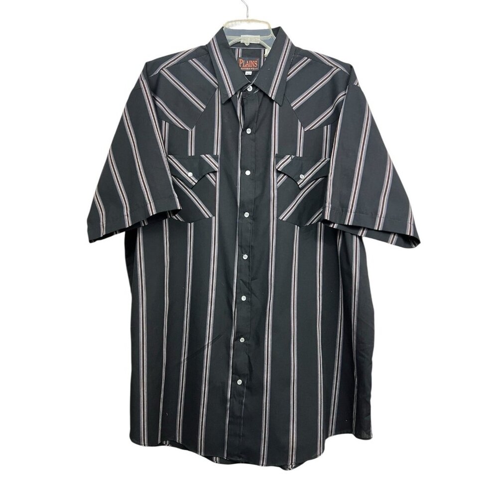 Vtg Y2K Plains Western Wear Pearl‎ Snaps Shirt Men Tall XL Black Stripes Cowboy